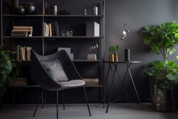 interior modern furniture room living stylish desk dark armchair table design. Generative AI.