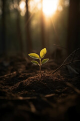 A young plant growing in sunlight. AI generative
