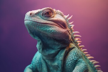 Close-up portrait of an iguana. Background with selective focus. AI generated, human enhanced