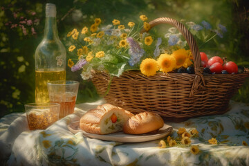 featuring a basket of fresh fruit and bread, a bottle of wine, and a bouquet of wildflowers. AI generative