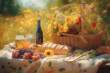 featuring a basket of fresh fruit and bread, a bottle of wine, and a bouquet of wildflowers. AI generative