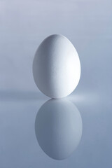 Close-up of an egg reflecting it's simple shape into the reflective surface