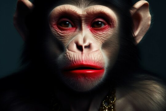 Anthropomorphic funny monkey with lipstick painted lips. AI generated, human enhanced