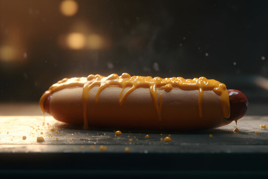 Big hotdog with sausage tomatoes, mustard and salad isolated on black background. Top view. Neural network AI generated art