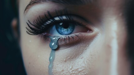 A blue tear falling from a woman’s blue eye - AI generated