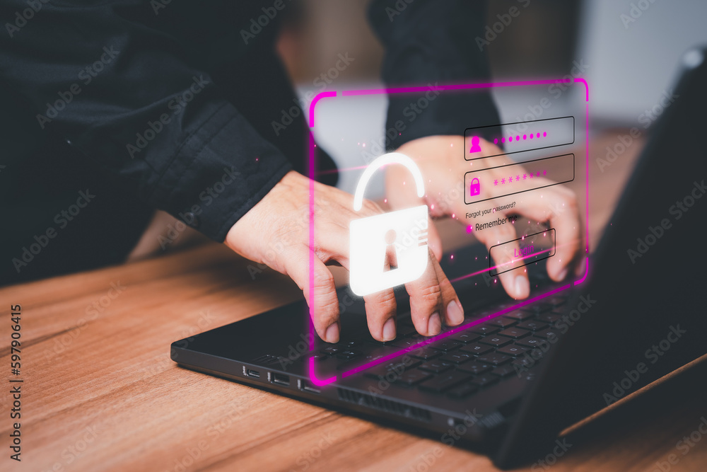 Poster Cyber security concept to protect personal data. Man typing his user and password on a computer laptop. Secure encryption and access to the user's private information to access the internet.
