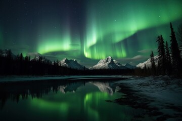 Fototapeta na wymiar night landscape with a lake Aurora borealis Generative AI