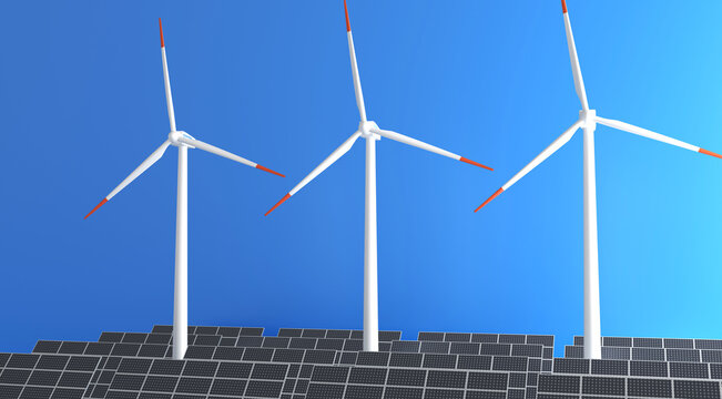 Energy Concept. Wind Turbine and Solar energy Panel generators isolated on a blue background. Copy space, banner, website. Sustainable energy production, clean power.