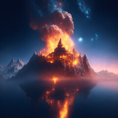 Burning Castle on Floating Island in the night Created Using AI Technology