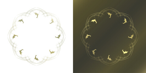 素材_フレームのセット_イルカをモチーフにした金色の飾り枠。高級感のある夏のイメージ。字無