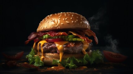 A bacon cheeseburger on a wooden table, commercial, ai, ai generative, illustration