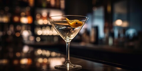 close up of a martini cocktail, blurred people and bar lights at the background, generative AI - obrazy, fototapety, plakaty