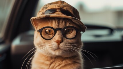 A cat driving a car, wearing sunglasses and a hat ai, ai generative, illustration