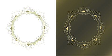 素材_フレームのセット_イルカをモチーフにした金色の飾り枠。高級感のある夏のイメージ。字無