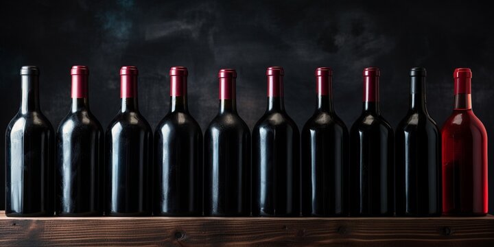 set of red wine bottles, unbranded bar with alcohol bottles on a dark background, generative AI