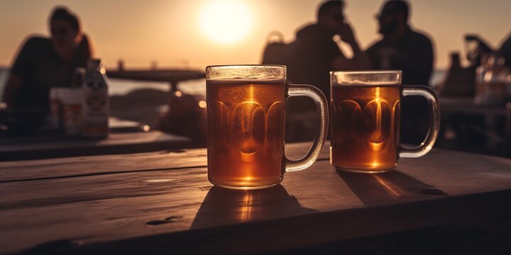 cold beer mug close up, blurred beach party at the background at sunset, generative AI