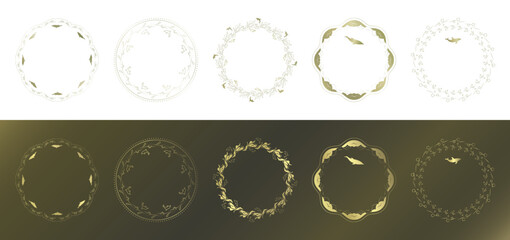 素材_フレームのセット_イルカをモチーフにした金色の飾り枠。高級感のある夏のイメージ。字無