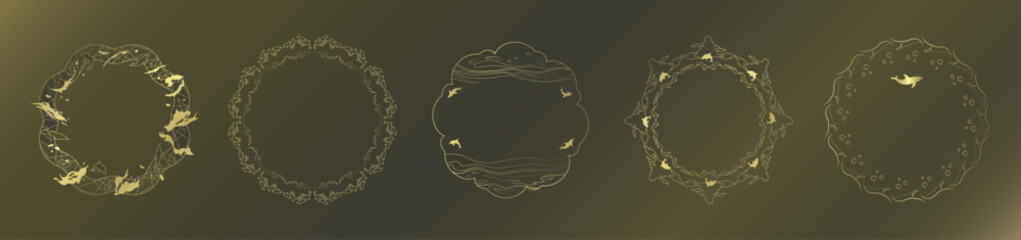 素材_フレームのセット_イルカをモチーフにした金色の飾り枠。高級感のある夏のイメージ。字無