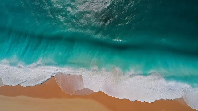 Genle waves wash out on a sandy beach. View from above. Generative AI.