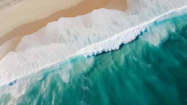 Genle waves wash out on a sandy beach. View from above. Generative AI.