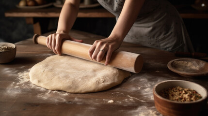 Fototapeta premium a woman rolls out the dough with a rolling pin. Generative AI