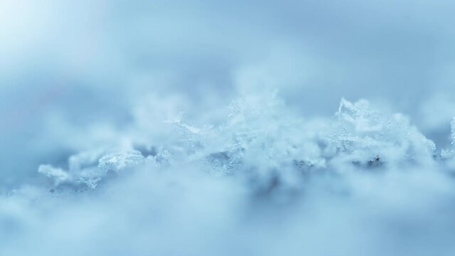 Macro shot of frost snow crystals. Slow motion, zoom out.  