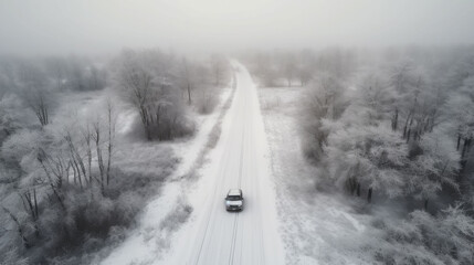 aerial view of a car driving on a snowy road in winter. Generative AI
