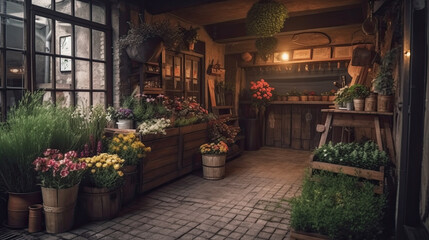 Fototapeta na wymiar a rustic flower shop with lots of flowers and plants in front of the entrance. Generative AI