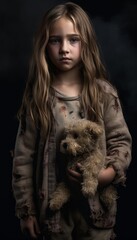 adorable girl holding a teddy bear wearing a torn shirt,natural disaster or war victim, homeless child, ai generative illustration, orphan, poor