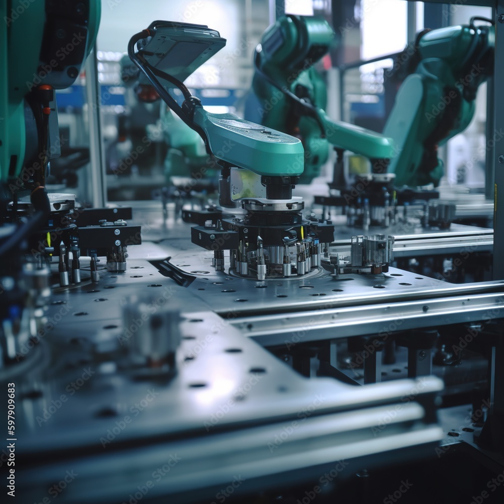 Poster robotic assembly line that has been automated. robotics is employed in a factory on a production lin