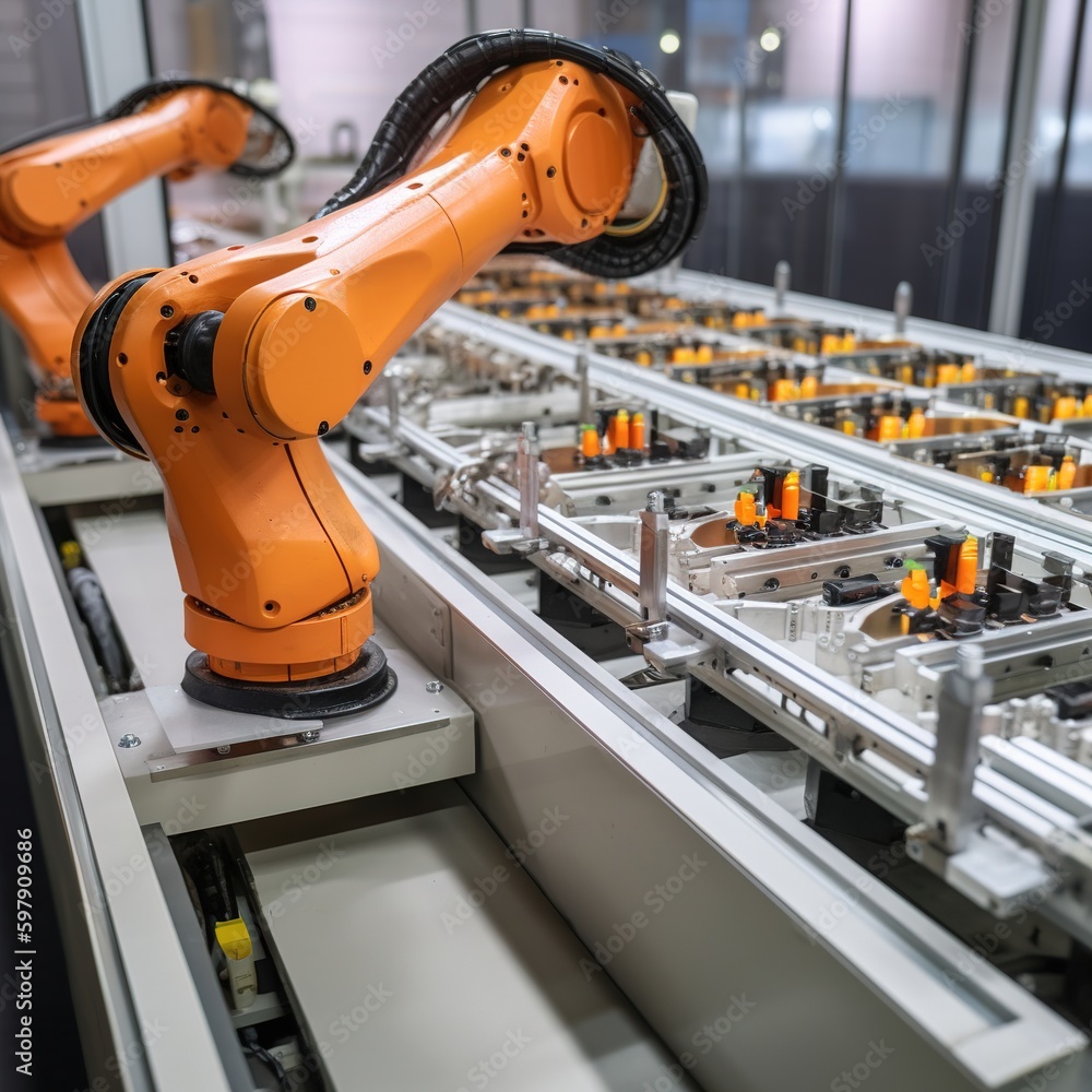 Poster robotic assembly line that has been automated. robotics is employed in a factory on a production lin