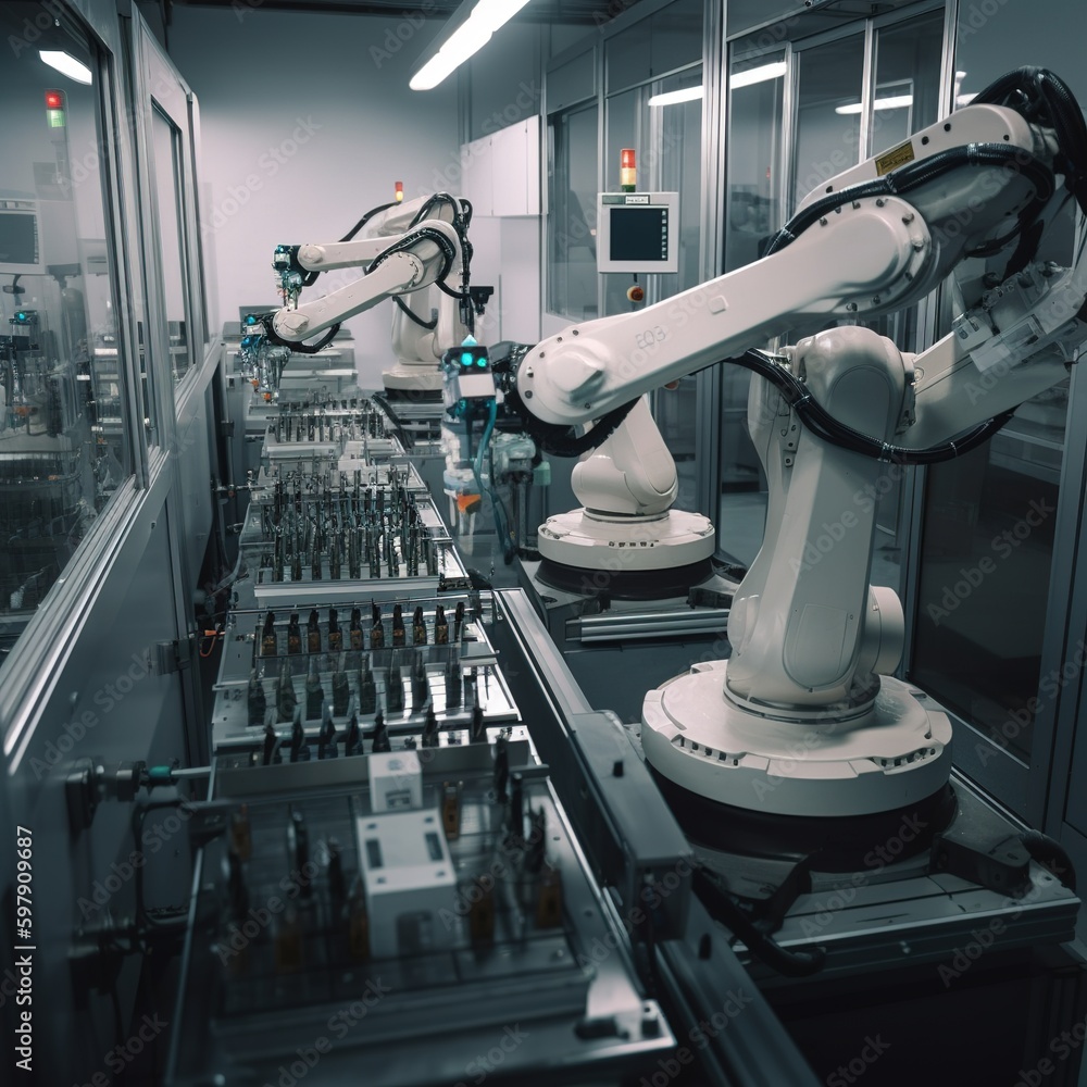 Poster automated robotic assembly line. robotics works in a production line of robot parts in a factory. te