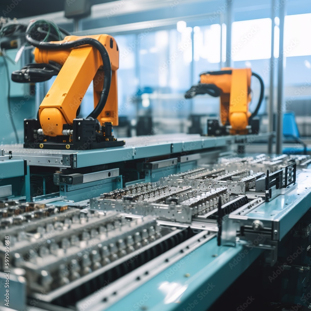 Poster automated robotic assembly line. robotics works in a production line of robot parts in a factory. te