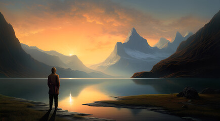 Obraz premium Person standing by the Lake with Mountain View