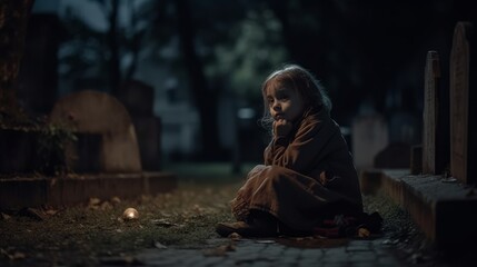 A orphan girl sitting beside her parents grave, ai, ai generative, illustration