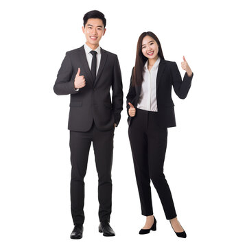 Portrait of a couple Business people standing together with thumbs up, Businessman and businesswoman success concept, Full body person isolated on white transparent background, ai generate