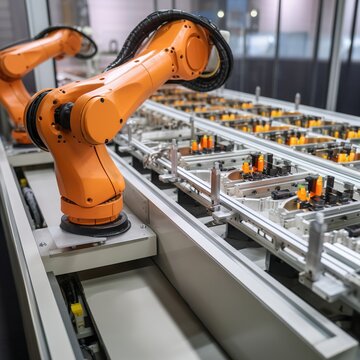 Robotic assembly line that has been automated. Robotics is employed in a factory on a production line of robot parts. Technology and automation. generative ai