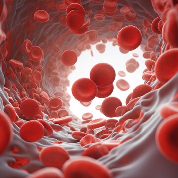 blood vessel showing a blocked blood flow with platelets and white blood cells in the image. medical use education and science. generative AI