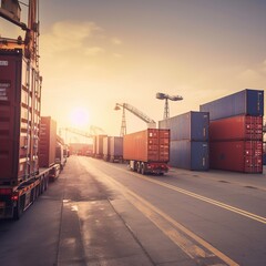 Obraz premium Global business logistics import and export of container cargo freight ship loading and unloading with truck at port shipping dock yard. generative ai