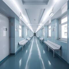 Hospital corridor with blue seats and rooms. Interior of an accident and emergency room that is empty and bright. generative ai