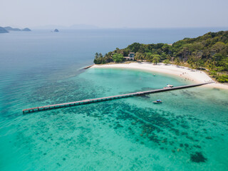 Aerial view of Koh Kham island at Thailand, beach and long wooden bridge for traveler to relax on vacation
