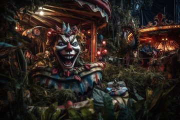 Fototapeta na wymiar An image of a twisted and overgrown carnival, with abandoned rides and a clown statue - Generative AI