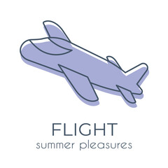 Simple minimalist purple cartoon airplane icon on a white background. Suitable for applications, web sites, online shops