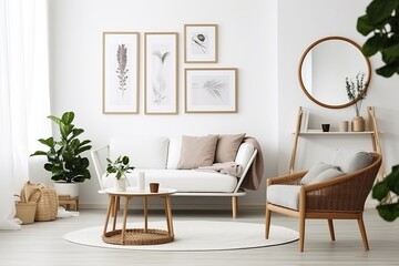 Blank horizontal poster frame mock up in minimal Scandinavian white style living room interior, modern living room interior background, Ai generative.