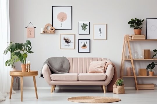 Blank horizontal poster frame mock up in minimal Scandinavian white style living room interior, modern living room interior background, Ai generative.