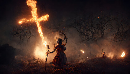 Obraz premium A demon and a Cross on fire, AI Generative