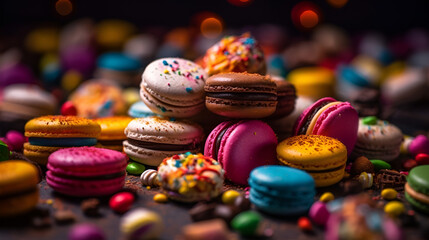 A stack of brightly colored macarons with sprinkles