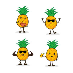 Illustration set of 4 kawaii pineapples characters white background