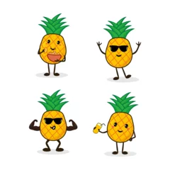 Fotobehang Illustration set of 4 kawaii pineapples characters white background © HIKMAHHARFI
