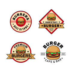 Illustration variety of flat logos with colored burgers white backgraound